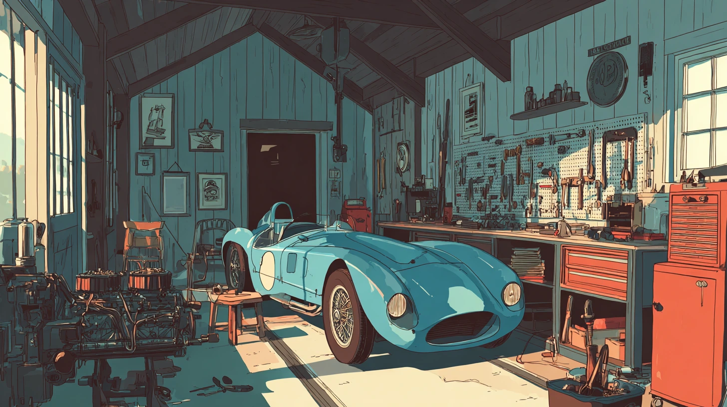 sandmitt_A_vintage_1950s_mechanics_workshop_interior_race_car_a97a4a30-9f4b-4f46-b9aa-fc5963bcf3ef_3